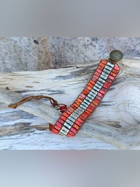 New Handmade Coral Red Colored Beaded Bracelet with Silver Accents